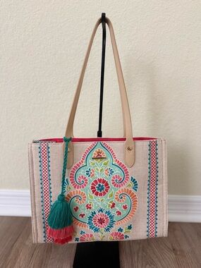 Spartina 449 Beige Embroidered Tote with Tassel